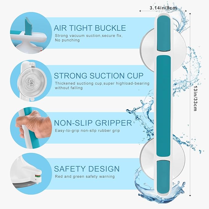 Showers Bathtubs Grab Bars, Suction Cup Handle with Pressure Indicator, Anti Slip Grip, Heavy Duty Safety Rail, Tool-Free Easy Install on Tile Glass Metal Wall Surface (Blue)