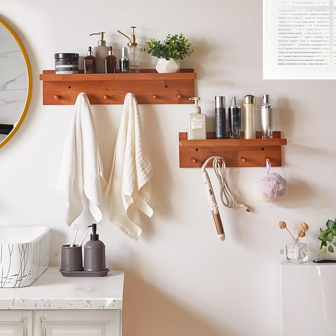 Wall Mounted Hook with Shelf, 23.62in Entryway Wall Hanging Shelf, Solid Wood Coat Hooks, for Bathroom, Kitchen, Cherry Wood Color YD-WS0260C