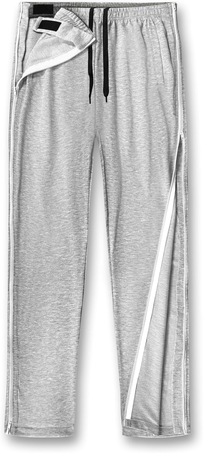 Unisex Tearaway Pants with 2 Side Zippers Snaps for Post Surgery Men Cotton Rip Off Breakaway Pant for Hip Replacement