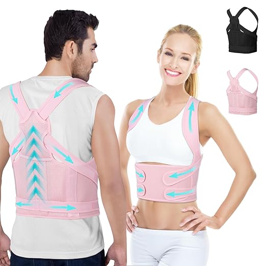 Posture Corrector for Women and Men,4 In 1 Adjustable Full Back Brace,Posture Braces Can Relieve Upper and Lower Back Pain, Shoulder Braces for Hunchback,Scoliosis, Lumbar Spine, Spine（Medium Pink）