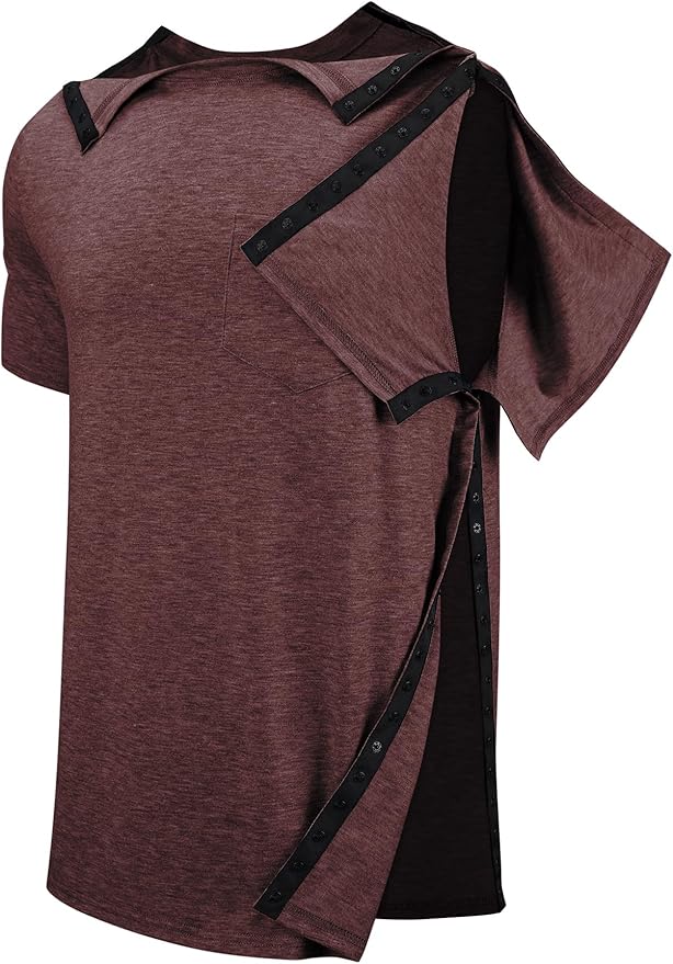 Men's Post Shoulder Surgery Recovery Shirts Tear Away Short Sleeve Full Open Side Snap Dialysis Chemo Clothing
