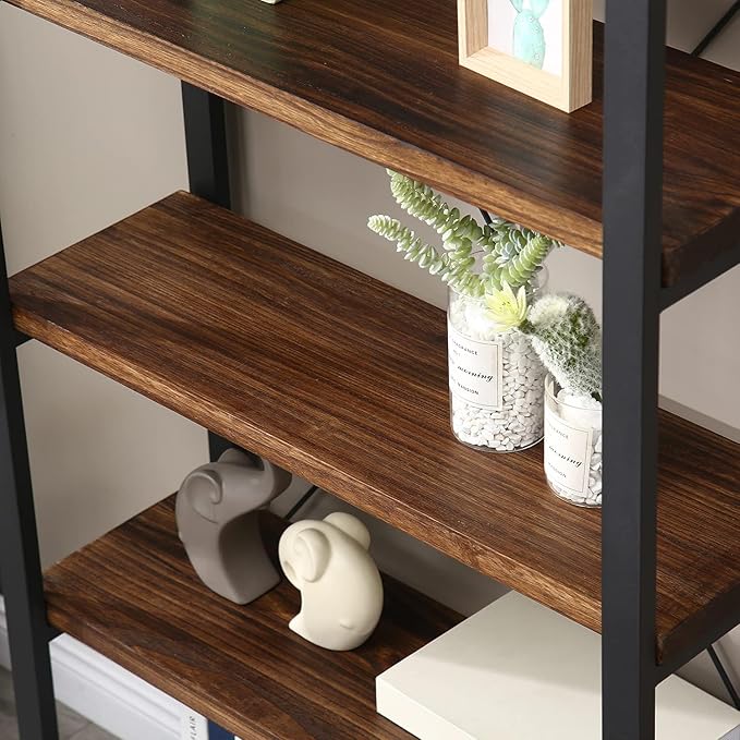 5 Tier Bookcase, Solid Wood Bookshelf Rustic Vintage Industrial Etagere Bookcase, Metal and Wood Free Vintage Bookshelf, Retro Brown (5-Tiers)