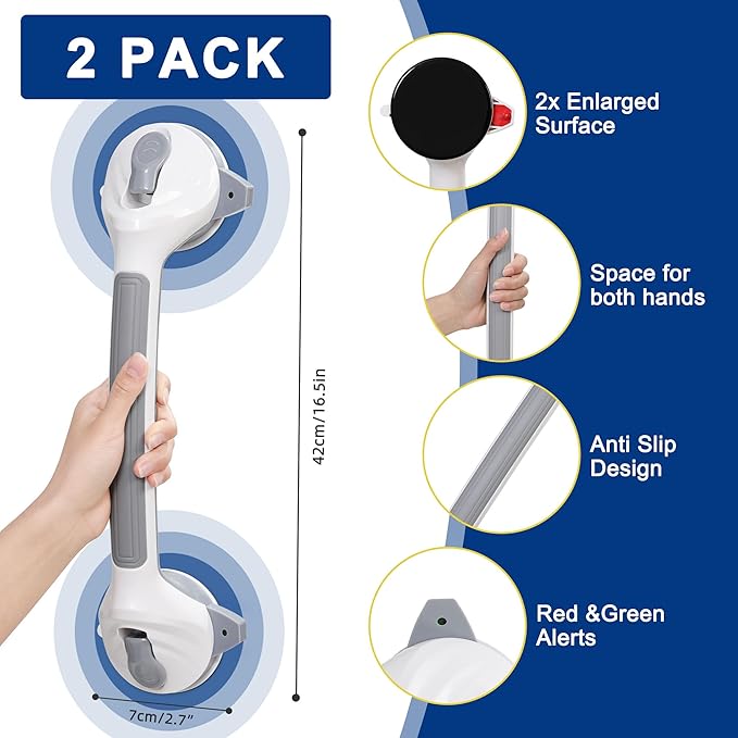16.5 Inch Shower Handles for Elderly Suction Heavy Duty 300 Lbs (2 Pack), Safety Grab Bars for Shower with Indicators, Removable Shower Handrails for Seniors, Elderly, Handicap, No Drilling (Gray)