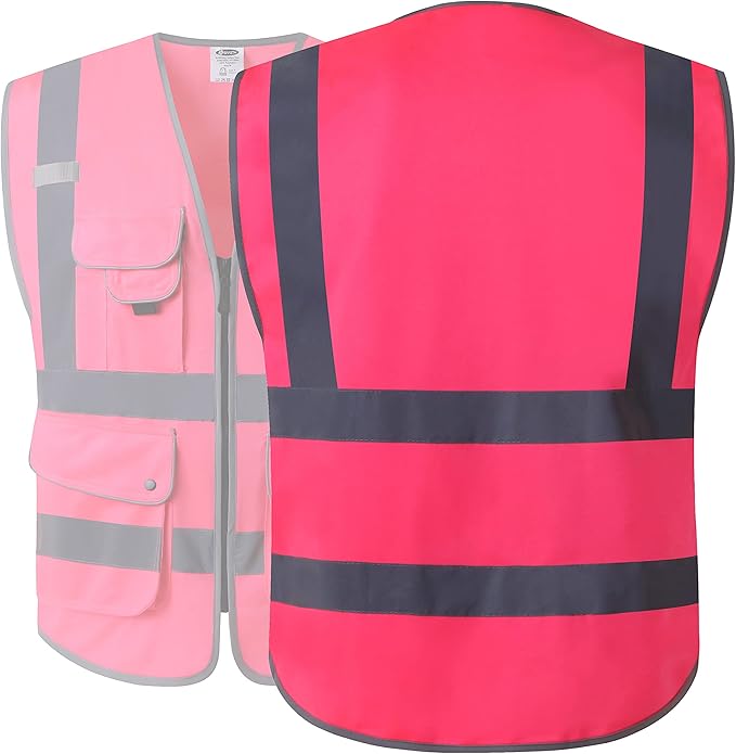 JKSafety 9 Pockets Class 2 High Visibility Zipper Front Safety Vest With Reflective Strips, Meets ANSI/ISEA Standards (Medium, 150-Pink)