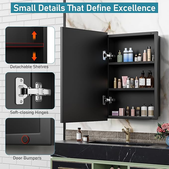 16 x 24 Inch Recessed Medicine Cabinet with Beveled Mirror, Bathroom Metal Mirror Medicine Cabinet with Adjustable Shelves, Wall Mounted Black Medicine Cabinets for Bathroom Storage Modern House