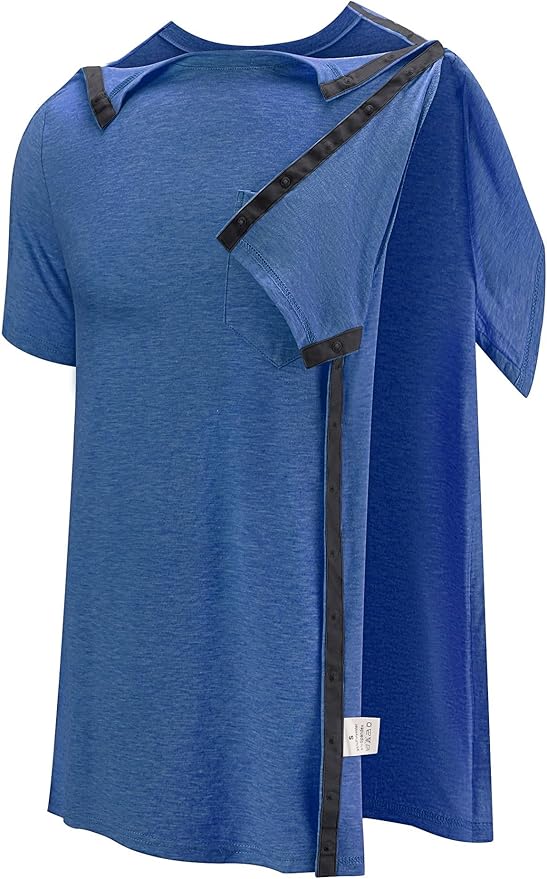 Poriff Men's Post Shoulder Surgery Recovery Shirts Full Tear Away Short Sleeve Snap Chemo Port Access Shirt