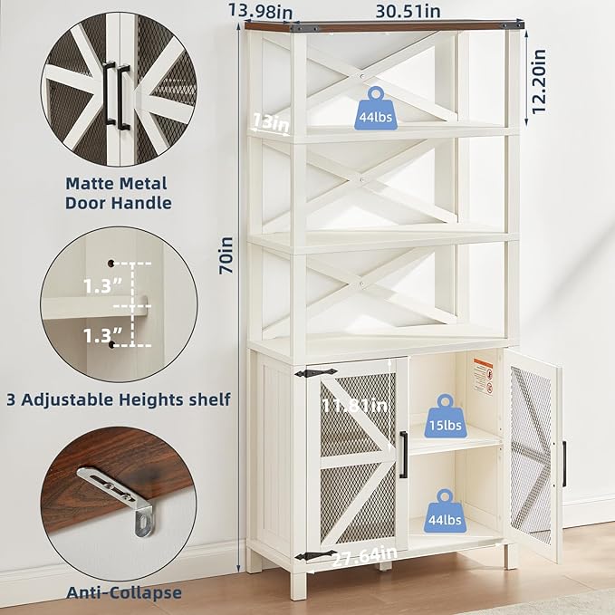 5 Tier Bookshelf 70" Tall Bookcase with Barn Doors,Large Farmhouse Display Book Shelf with Adjustable Shelves and Storage Cabinet，Library Wood Bookshelves for Living Room,Kitchen,White(3PCS)