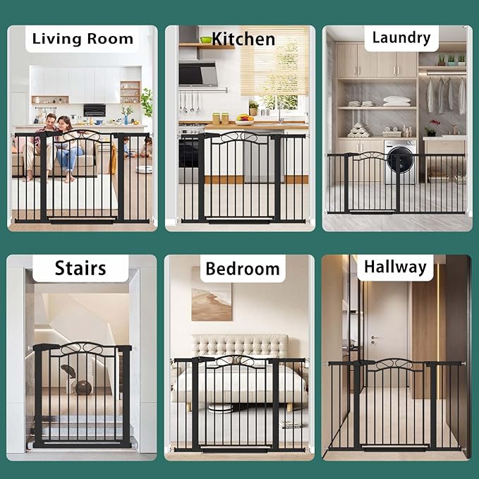 Fairy Baby 54.4"-57.0" Extra Wide Baby Gate with Door, 55 56 57 Inches Walk THR Baby Gates for Stairs Pressure Mounted no Drill, Indoor Tension Metal Child Pet Dog Safety Gate for Kids, Black