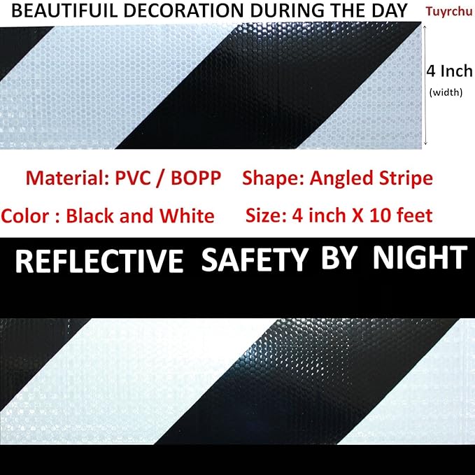 Black White Reflective Tape 4 inch X 10 feet, Outdoor Waterproof Hazard Conspicuity Warning Industrial Marking Tape