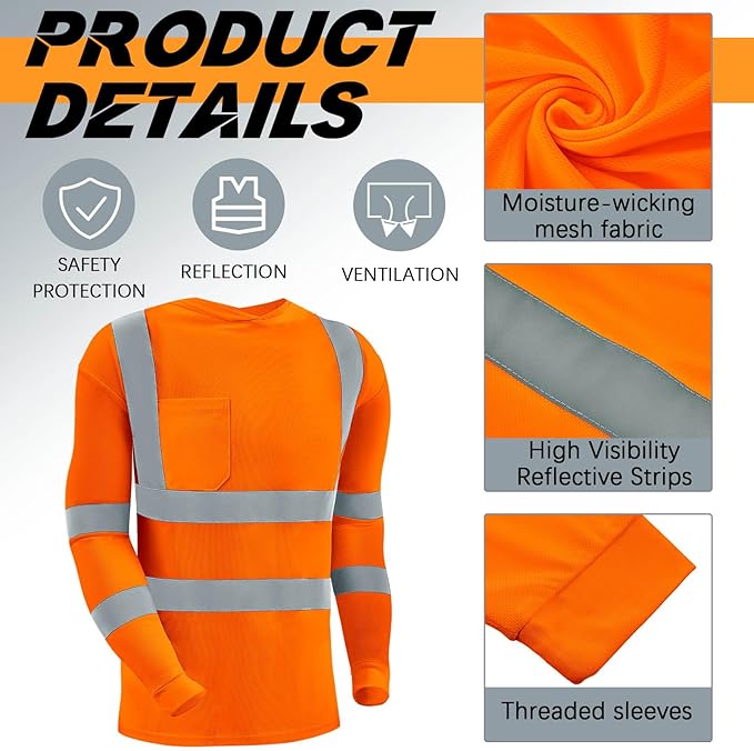 Amylove 4 Pcs Reflective Safety T Shirt High Visibility Work Shirts Sun Protection Construction