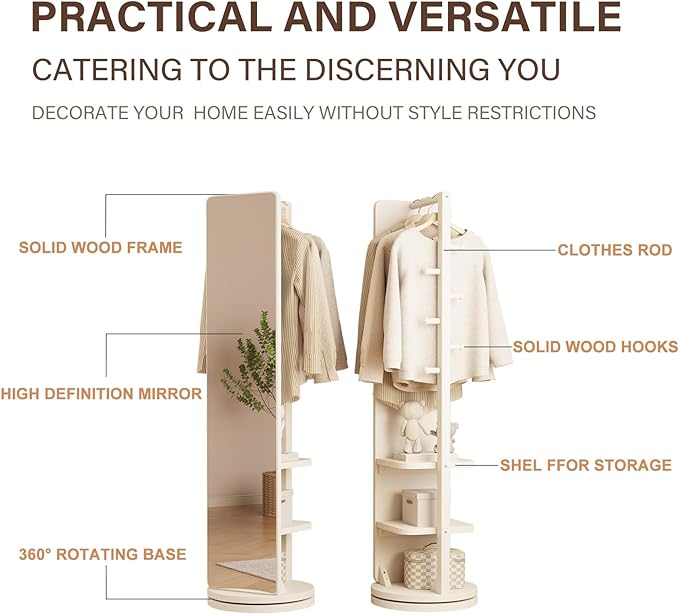 Full Length Mirror Coat Rack Solid Wood Floor Mirror 66"x12" Full Length Mirror with Stand Long Mirrors for Bedroom,Living Room