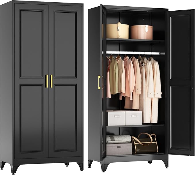 Metal Armoire Wardrobe Closet with Hanging Rod, 71" Tall Wardrobe Cabinet for Clothes, Black Clothing Storage Cabinet with Doors and Shelves, Large Wardrobes for Bedroom, Office, School, Gym