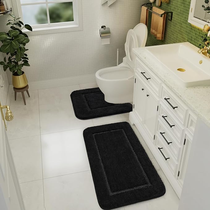 LOCHAS Bathroom Rug Set Black, Soft Bath Rug Set 2 Piece, Toilet Mat U-Shaped 20x20 and 34x20 Bath Rugs, Quickly Dry Mats for Bathroom, Tub, Washable, Super Absorbent Floor Mat
