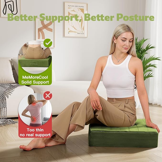 MeMoreCool Square Floor Pillows for Adults Kids, 2 Sets Large Meditation Cushion with 5" Thick Foam and Washable Tufted Cover, 22 Inch Green Seat Floor Cushions for Sitting and Yoga