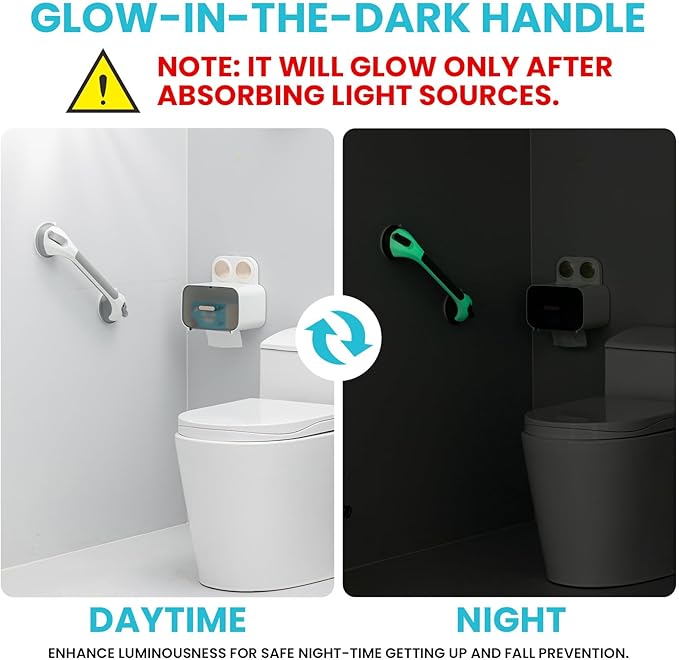 TAILI Shower Grab Bar Glow in The Dark, 16.8 in Grab Bars for Bathtubs, Shower Handles Bath Rails for Seniors and Elderly, Bathroom Safety Grip Removable No Drilling Waterproof Grey