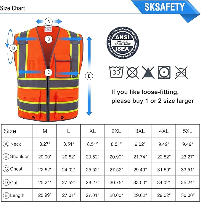 SKSAFETY 10 Pockets Safety Vest, Class 2 High Visibility Security with Zipper, Hi Vis Vest with Reflective Strips, ANSI/ISEA Standard, Construction Work Vest for Men ＆ Women （Orange, 2XL）