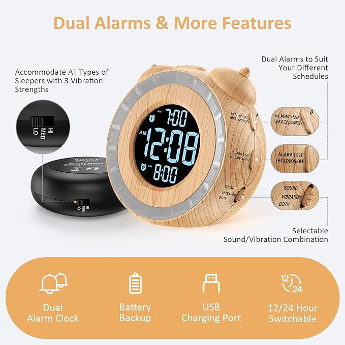 uscce Dual Extra Loud Alarm Clock with Bed Shaker - 0-100% Dimmer, Vibrating Alarm Clock for Heavy Sleepers or Hearing Impaired, Easy to Set, Snooze, Battery Backup, Wake with a Shake(Wood Grain)