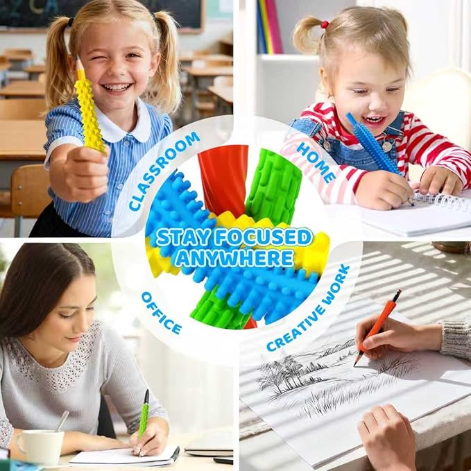 4-Pack Textured Silicone Pencil Grips-Autism Anxiety Relief for Kids & Adults,ADHD Tools & Sensory Focus,Quiet Classroom&Travel Fidget Tool for Focus,Keep Calm.