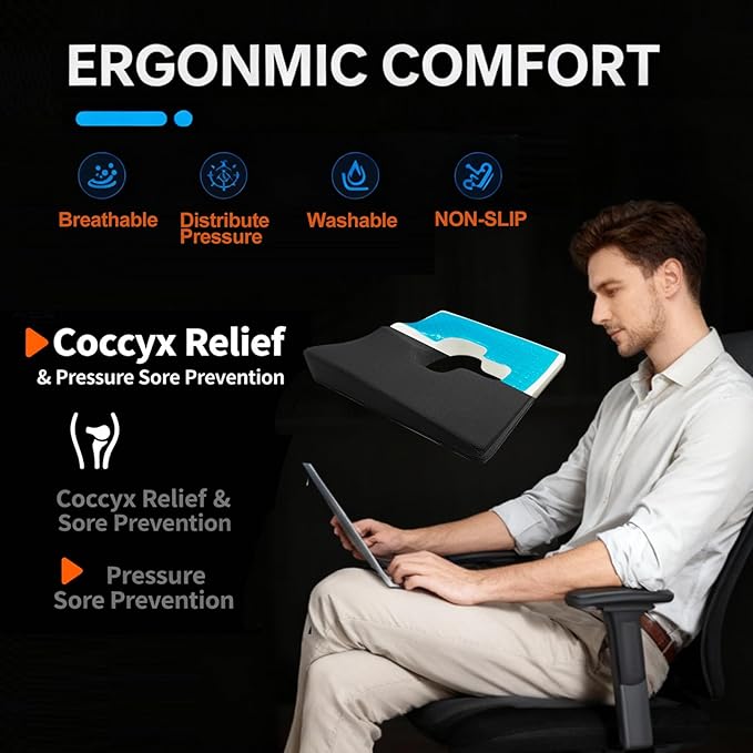 Gel Wheelchair Seat Cushion,Bed Sore Cushions for Butt,Chair Pressure Sore Cushion,Memory Foam Butt Pillow for Bed,Pressure Ulcer Pain Relief,Sciatica,Coccyx,Non-Slip Washable Cover(Black)