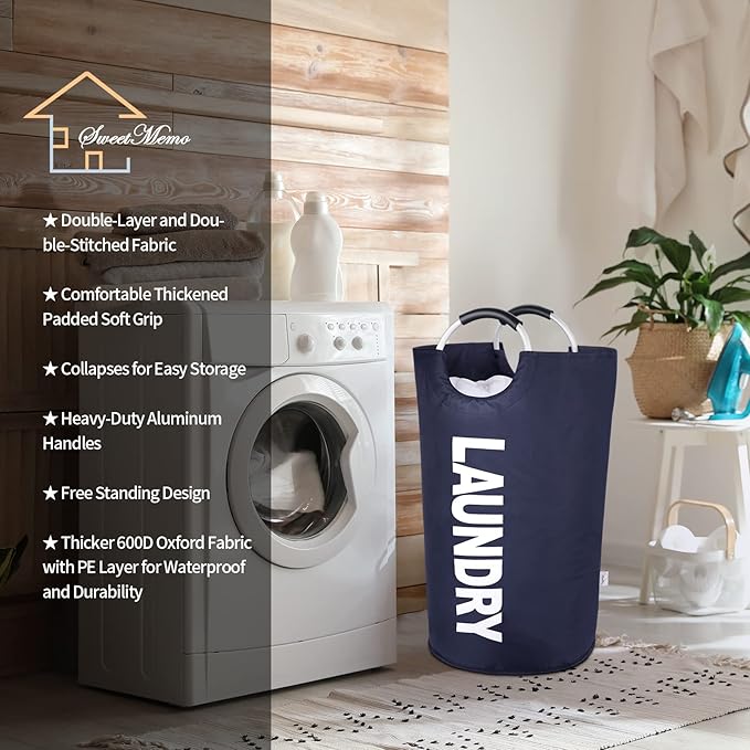 Large Laundry Basket Collapsible，Freestanding Clothes Hamper Bag with Handles – Tall Folding Dirty Laundry Bin，Sturdy Laundry Sorter for College Dorm，Laundry Room – 131L (Navy Blue)