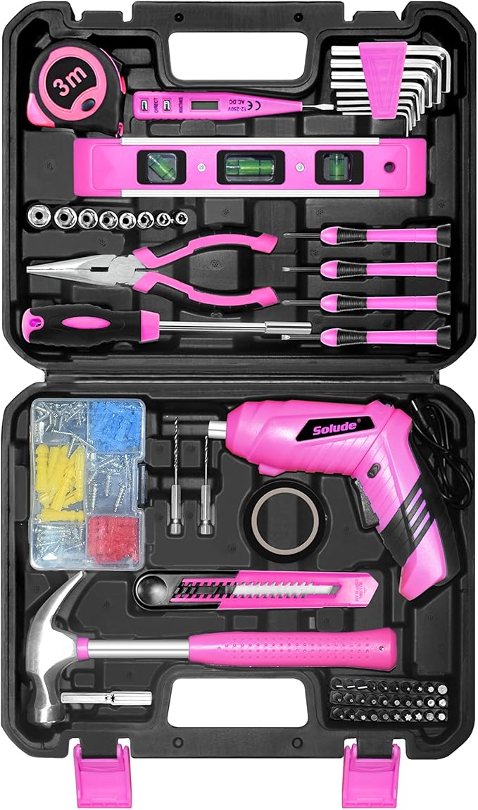 SOLUDE Pink Tool Set,130 Piece Home Tool Kit for Women with 3.6V Cordless Rechargeable Screwdriver,Basic Household Tool Kit Set for New Home,Apartment,College Dorm & DIY Projects