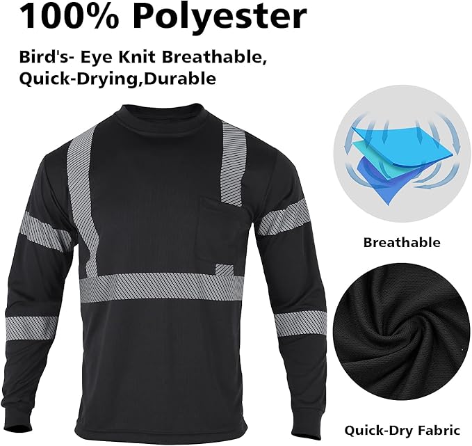 VENDACE Safety Reflective High Visibility Long Sleeve Shirts ANSI Class 3 Hi Vis Construction Work T Shirts for Men