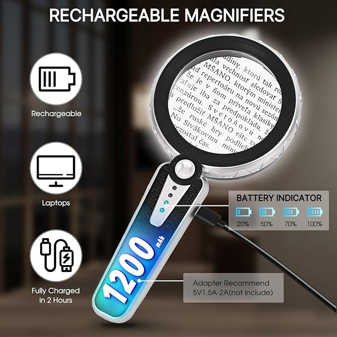 45X Magnifying Glass with Light, 1200mAh USB Rechargeable, 6 Lighted Modes, Large Handheld Magnifier for Low Vision Seniors with Macular Degeneration, Reading, Jewelry, Coins - Black