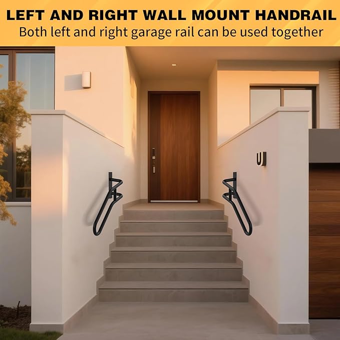 Left Side Wall Mounted handrail, Garge Door Stair Railing for 1-3 Steps(Polished Black, Left Side, 230LBs Loading)