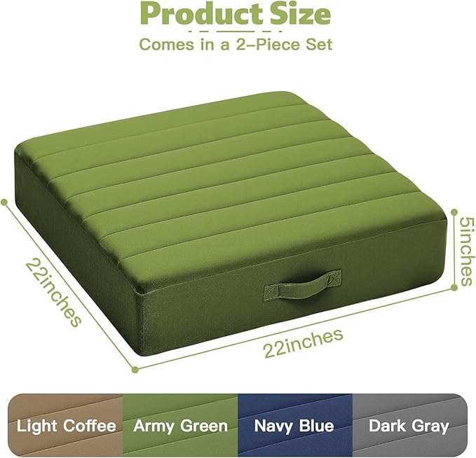 MeMoreCool Square Floor Pillows for Adults Kids, 2 Sets Large Meditation Cushion with 5" Thick Foam and Washable Tufted Cover, 22 Inch Green Seat Floor Cushions for Sitting and Yoga