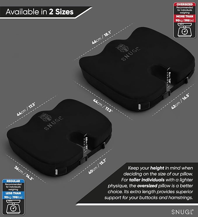 SNUGL Seat Cushion for Tailbone & Back Pain Relief – Orthopedic Memory Foam Coccyx Pillow for Office, Desk & Gaming Chairs – Sciatica & Lower Back Pain Relief, Long Sitting Comfort (Regular Black)