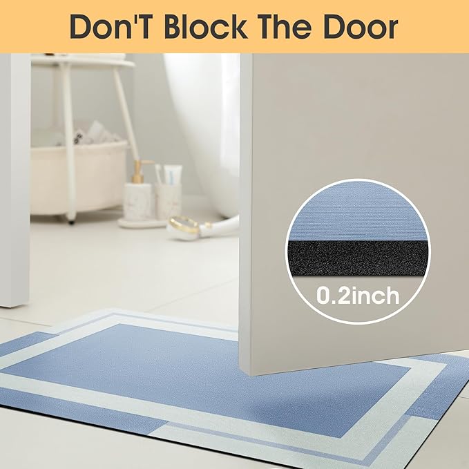 Ultra Thin Bath Mat, Upgrade Backing Non Slip Thin Bath Mats Fit Under Door, Quick Dry Ultra Absorbent Bathroom Rugs, Machine Washable Bath Rugs for Bathroom, Bathtub & Kitchen, Blue/Bordered/32"x20"