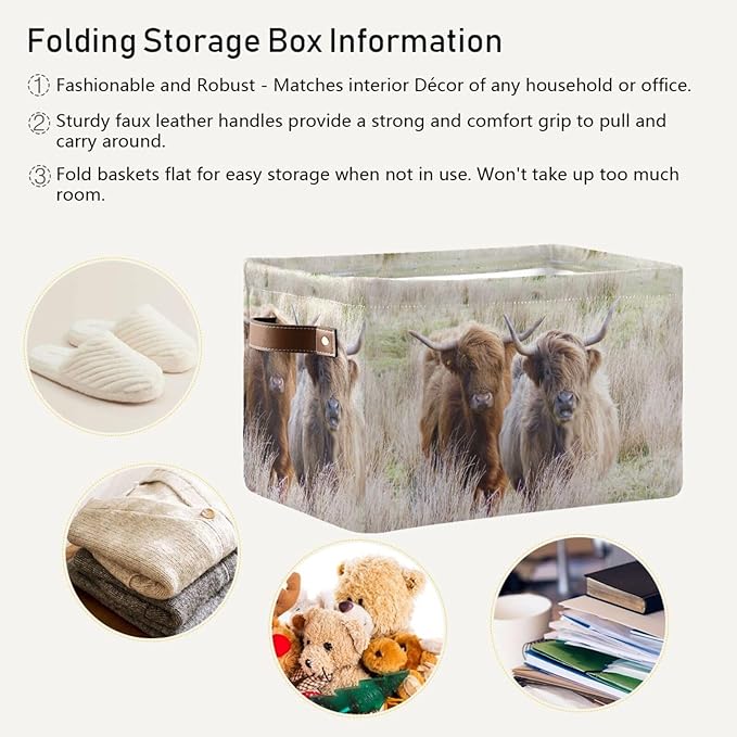 Highland Cows Storage Basket Cube Storage Bins Organizer Bag Collapsible Closet Shelf Baskets with handle for Cloth Book 14.2×10.2×8.3 IN