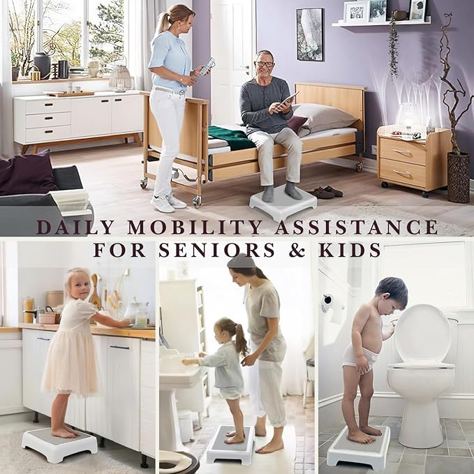 GWNF3.35'' Short Step Stool – 600lb Capacity Ultra-Sturdy Structure & Lightweight Step Stools for Seniors, Kids & Adults | Non-Slip Wide Platform | Mobility Step Stool for Indoor & Outdoor（White-Grey）