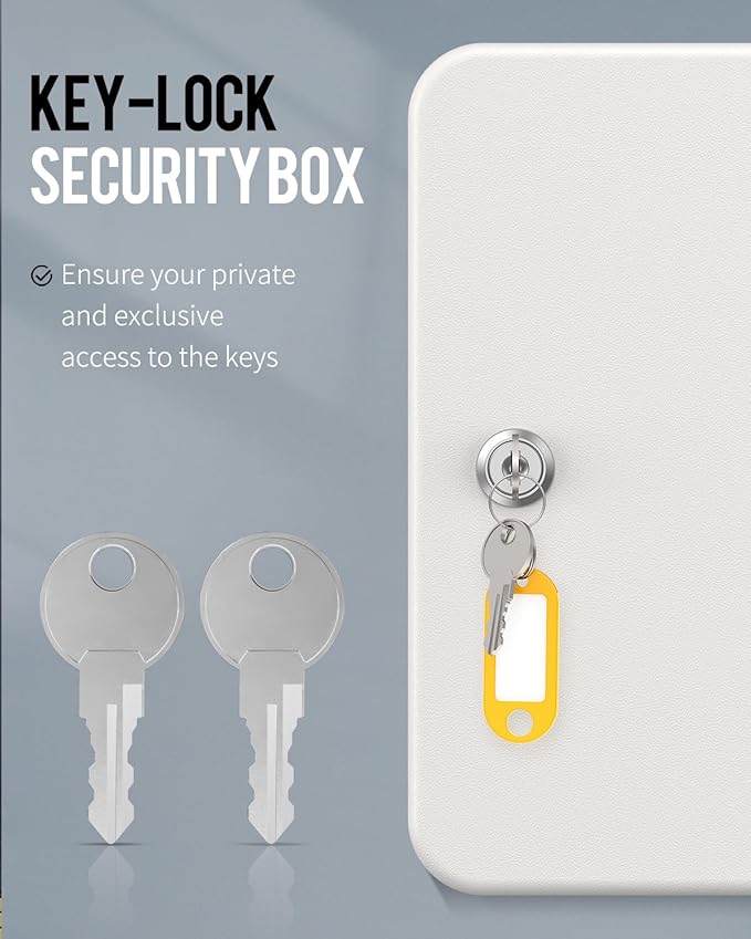 Uniclife 28 Position Key Cabinet with Key Lock Wall Mounted White Security Storage Box Steel Key Organizer with Colorful Key Tag Labels Stickers and Hooks