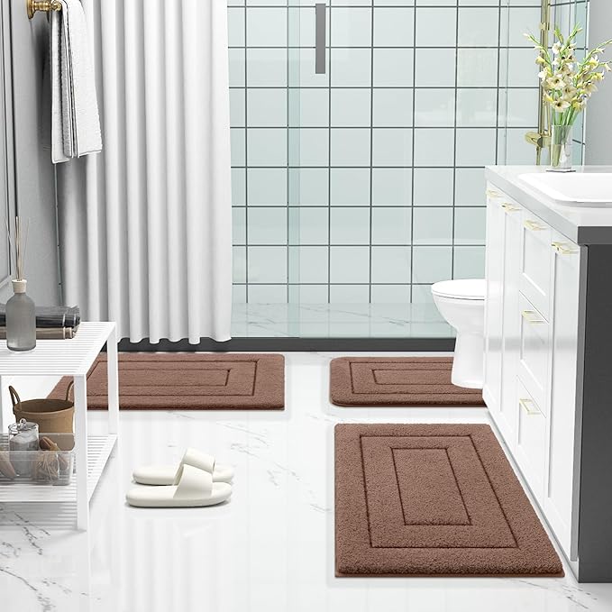 Buganda Bathroom Rugs, 24" x 16", Soft and Absorbent Microfiber Bath Rugs, Non-Slip Shaggy Shower Carpet, Machine Wash Dry Bath Mats for Bathroom Floor, Tub and Shower, Brown
