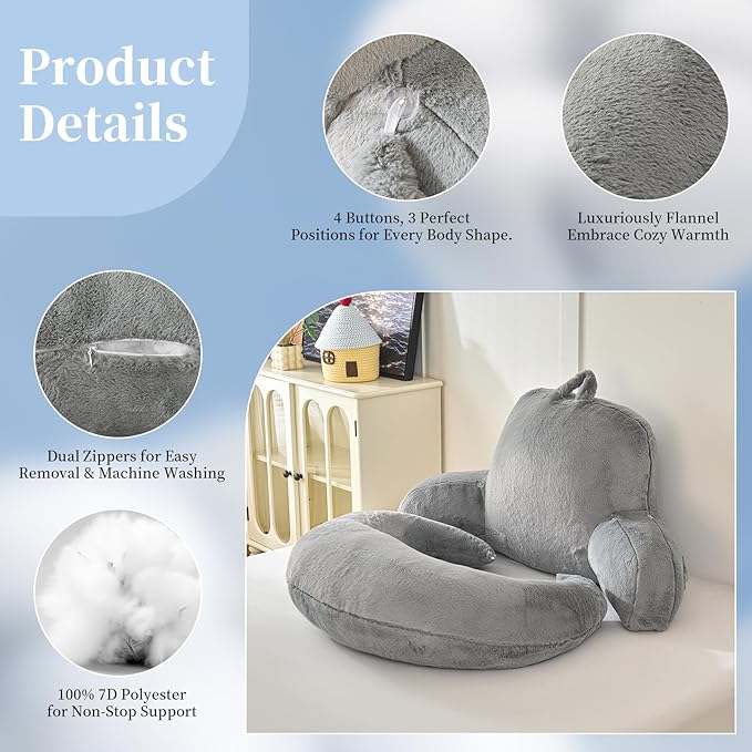 Reading Pillow for Bed,U Shaped & Back Support Pillow for Bed,17" Backrest with Lumbar & Arm Support,Luxurious Faux Rabbit Fur,Gaming PillowFor Crochet/Reading/Watching TV,Gray