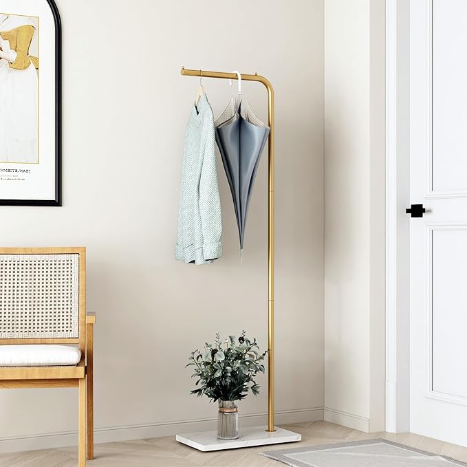 Metal Gold Coat Racks, Standing Coat Rack with Heavy Base, Modern Coat Tree with Crossbar and 3 Hooks, Entryway Coat Racks for Handbags, Clothing.(59inch)