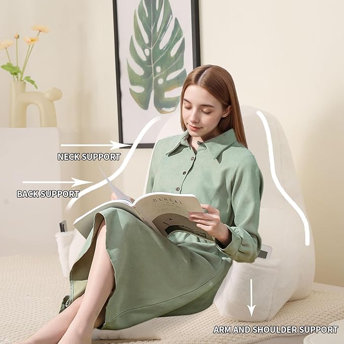 Reading Pillow for Sitting in Bed, Large Backrest Reading Pillow with Arm Rest,Back-Rest Support Cushion for Sit Up on Couch, Sofa, and Floor, Dorm Essentials (White Faux Fur, Standard(17"))