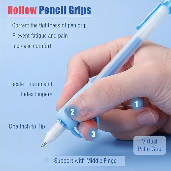 Ergonomic Pencil Grips 20 Pcs with 1 Finger Ring, 8 Colors Pencil Holders for Kids Handwriting, Hollow Pencil Grippers for Adults Writing Aid, Silicone Pencil Cushion, Gel Pen Grips