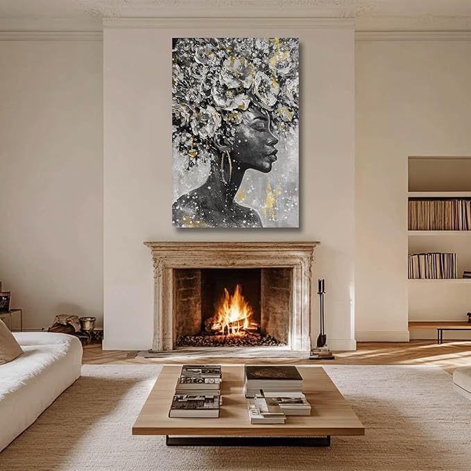 MLART99 Large Gold Flowers Painting for Office African American Black Woman Portraits for Bedroom 32"x 48" Posters for Room Aesthetic Grey Wall Hanging Decor for Living Room