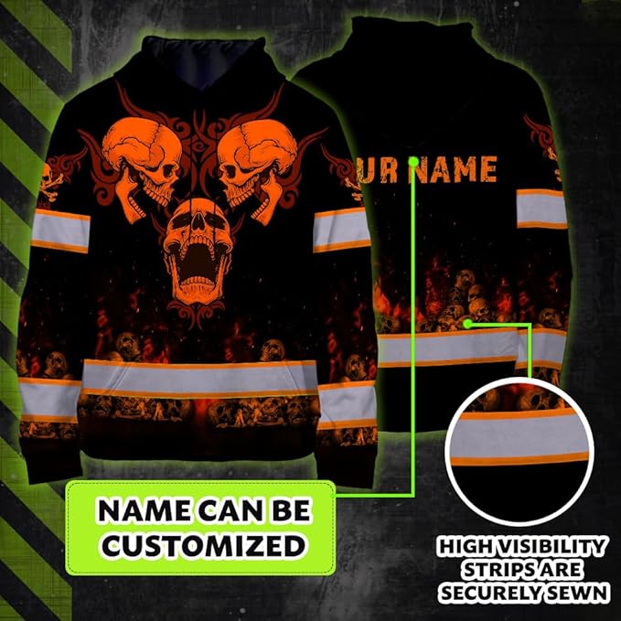 Matedecor Skull US Flag Reflective High Visibility Hoodie For Men Construction Hi Vis Safety Workwear Custom Name