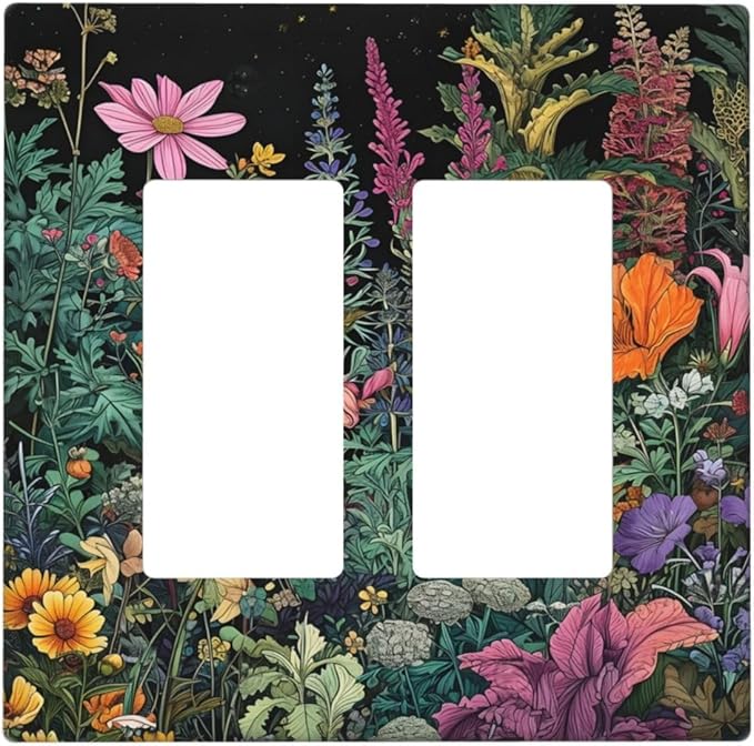 Decorative Outlet Covers Colorful Floral Dark Sky Wildflower Plants 2 Gang Light Switch Cover Plate Double Rocker Wall Plate Gfci Switch Plate Covers for Bathroom Decor