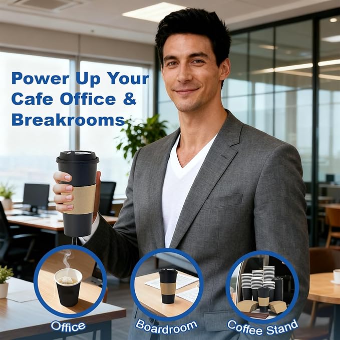 20 oz 50 Pack Coffee Cups with Lids and Sleeves, Straws, Hot Disposable To Go Travel Paper Cups Bulk for Office, Home Coffee Bar Accessories, Chocolate, Cocoa, Beverage (Black)