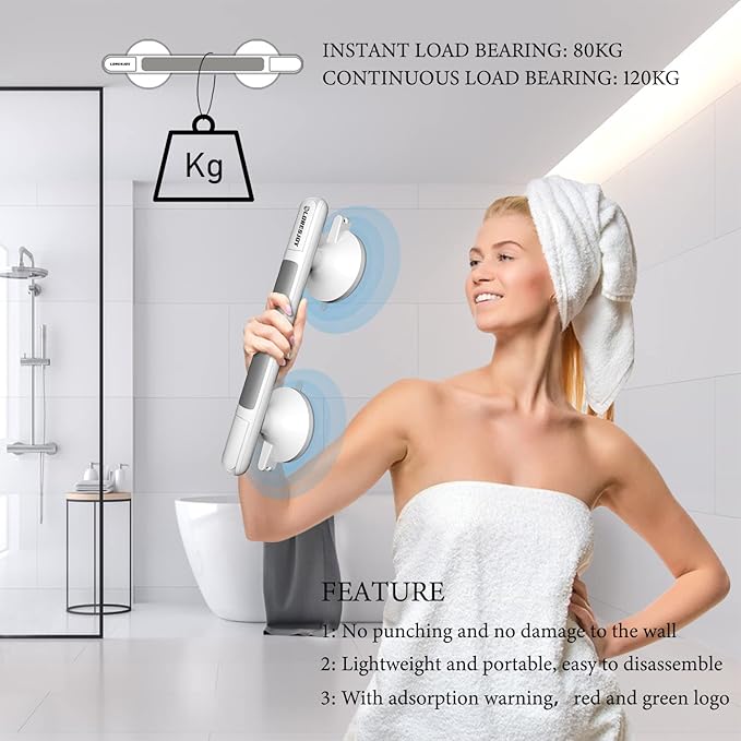 Shower Handles for Elderly Suction, 2 Pack Grab Bars for Bathtubs and Showers, Suction Grab Bars for Shower, Heavy Duty No Drilling Shower Bars Safety for Seniors