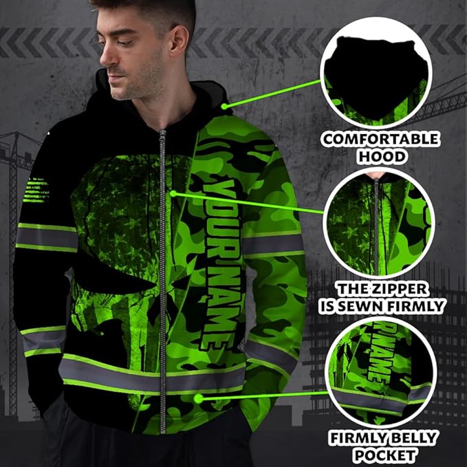 Maddly Hi Vis Reflective Zip Up Hoodie, High Visibility Safety Jacket with Skull Design for runner, worker, trucker, cyclist