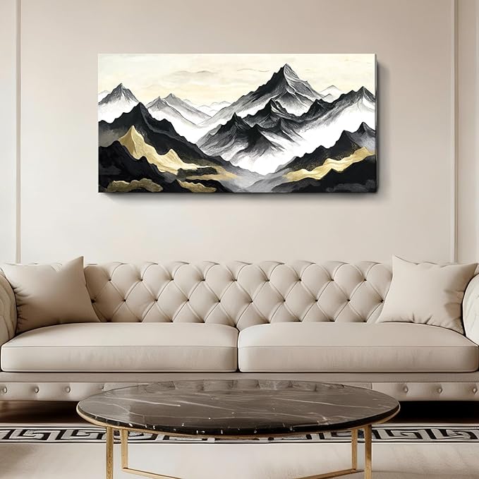 amatop Abstract Mountain Wall Art, Large Modern Canvas Print - Black White and Gold Landscape Nature Picture, Horizontal Inspirational Artwork for Living Room, Office, Bedroom and Bathroom Wall Decor (48x24 Inch)