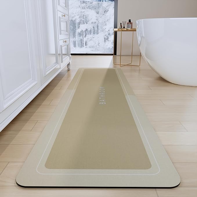 Bath Mat - Super Absorbent Non Slip Quick Dry Thin Rubber Mats for Bathroom Floor, Fit Under Door, Shower Rug for Bathtub, Beige