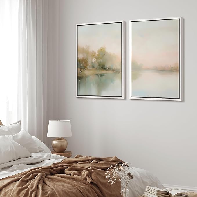 MUDECOR Framed Canvas Print Wall Art Tranquil Reflection Serene River Landscape Illustrations Modern Art Decorative Bohemian Chic for Living Room, Bedroom, Office - 24"x36"x2 White