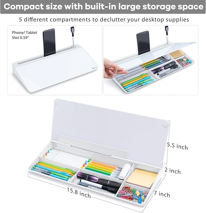Varhomax Glass Desk Whiteboard with Storage, Desktop Organizer to-do List Memo Notepad Dry Erase White Board for Home Office and School Supplies (White)