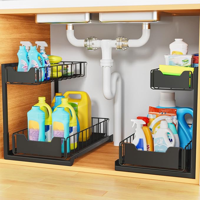 2 Pack Under Sink Organizer, Under Sink Organizers and Storage, Smooth & Silent Sliding Out Metal Drawer for Kitchen Bathroom Pantry Cabinet Closet Black（L-2PC）